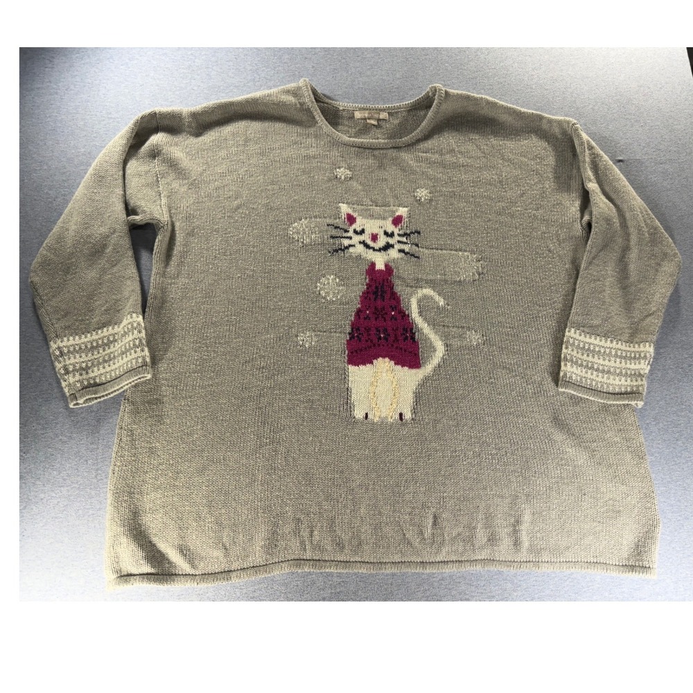 Woman Within Gray Cat Intarsia Knit Sweater Plus Size 2X 26/28 Fair Isle Cuffs